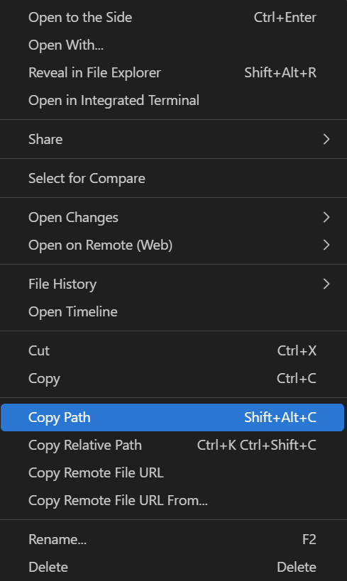 Screenshot of copying the path in VS Code